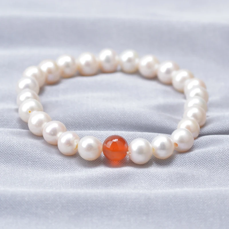 Cultured Pearl Red Agate Women's Bracelet, Perfectly Round, Shiny Pearls, Fashionable and Versatile