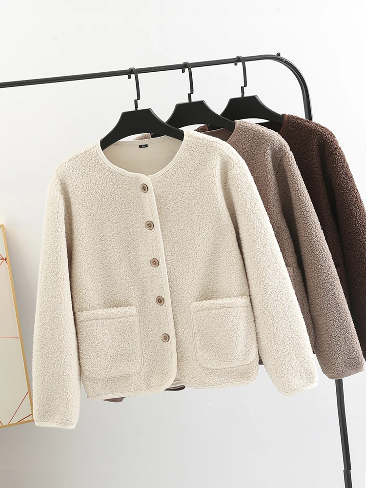 

Spring Autumn Lamb Wool Jacket Women Warm Long Sleeve Loose Short Outwear 2024 New O-Neck Single Breasted Solid Cardigan Top