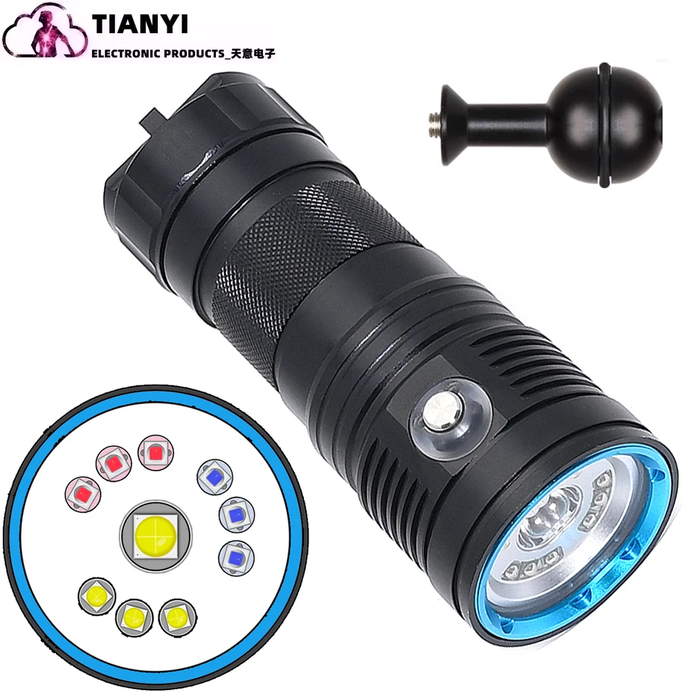 Photography fill light diving aluminum alloy flashlight blue light red light white light spotlight multi-functional professional