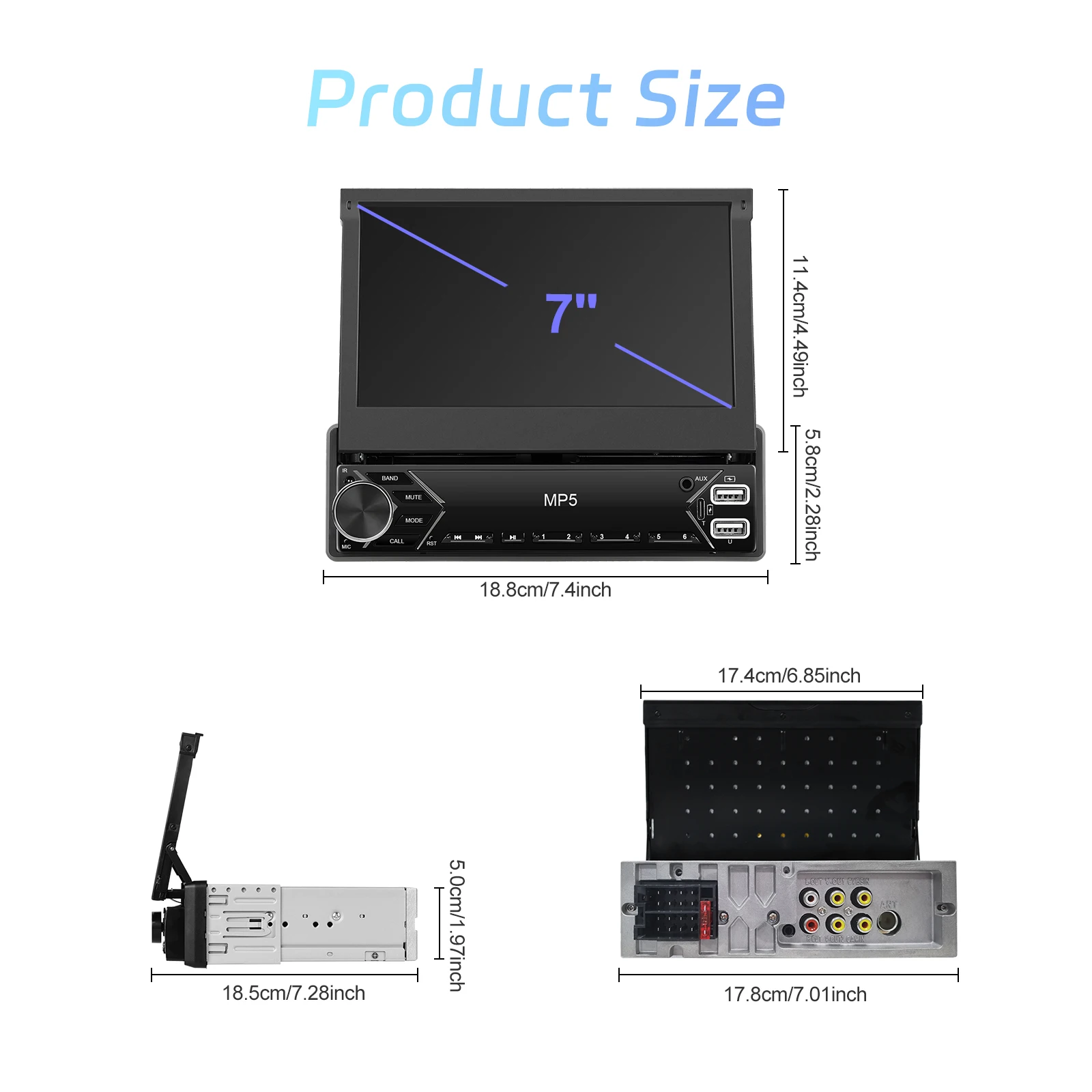 Podofo 7-Zoll-Autoradio mit einziehbarem Bildschirm, Unterstützung für Rückfahrkamera, 1 DIN, Auto-Audio-Player, TF-Karte/U-Disk, Autoradio-Stereoanlage, Bluetooth – Detail 15