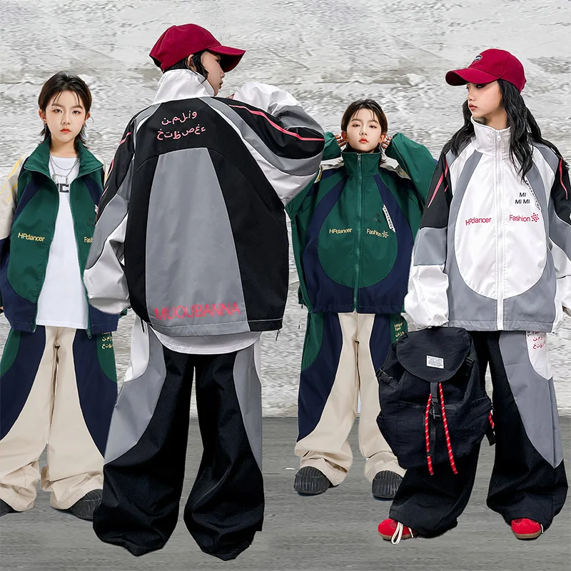 Boys Hip Hop Costume High Collar Contrast Coat Street Dance Pants Girls Group Streetwear Jacket Kids Jazz School Clothes