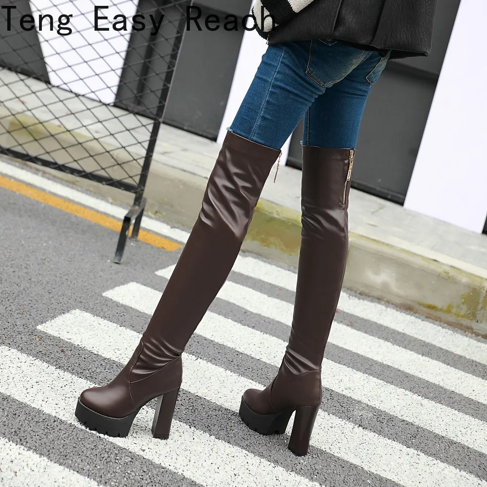 Platform Square Heel Women Over The Knee Boots Fashion Zipper Women Long Boots PU Leather 2024 Winter Boots Black White 34-43