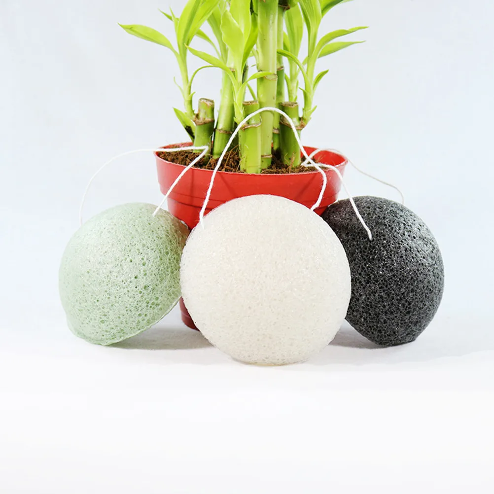 3Pcs Konjac Sponges Natural Round Facial Cleansing for Gentle Daily Exfoliating Remove Makeup Black Green White Wash Face view 3
