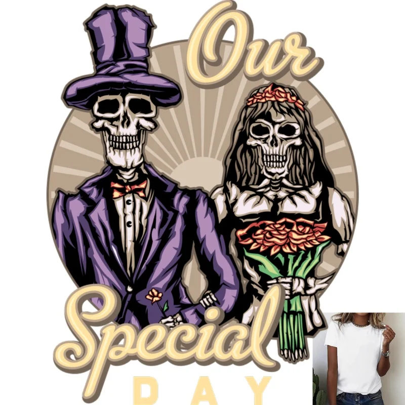 Personalized Skeleton Wedding Theme Heat - Transfer White Ink Iron - on Patch, Suitable for T - Shirts/Canvas Bags, Creative