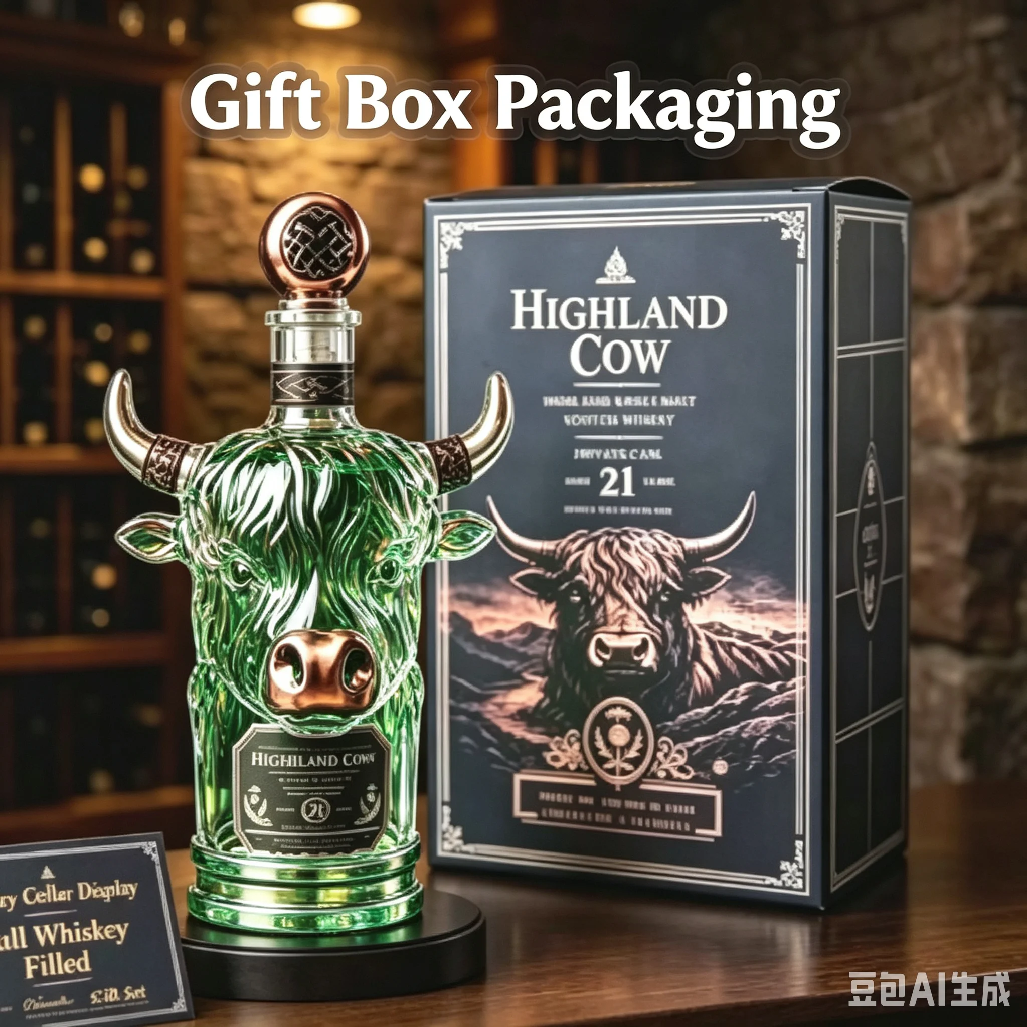 3D Highland Cow Crystal Whiskey Decanter - Decorative Bourbon Scotch Liquor Bottle with Home Barware Gift Box Collectible