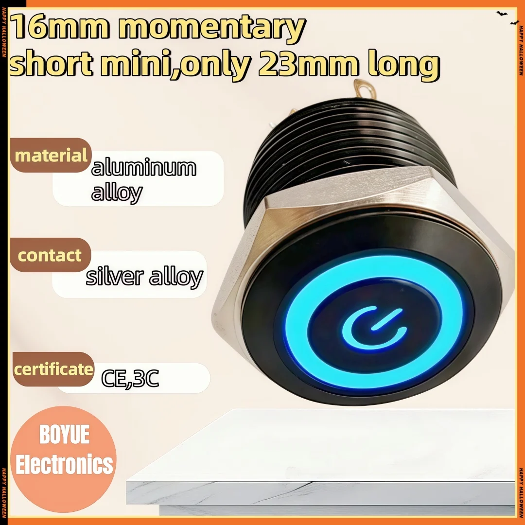 16mm mini Short Switch, Black Shell, 3V LED, Computer Power and Restart Button, Momentary Function