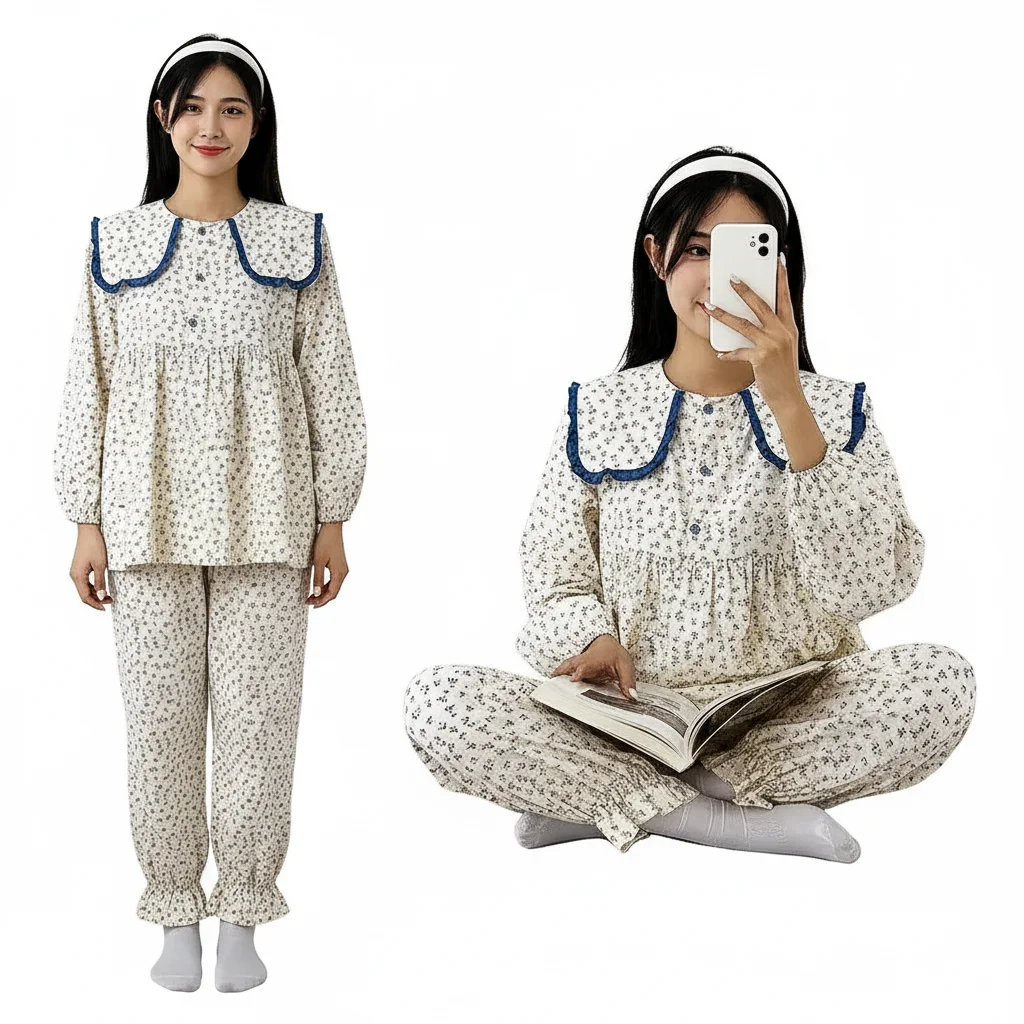 

Cute Pajamas for Women Set Lounge Princess Neck Black Color Spring Long Pj Sets for Woman