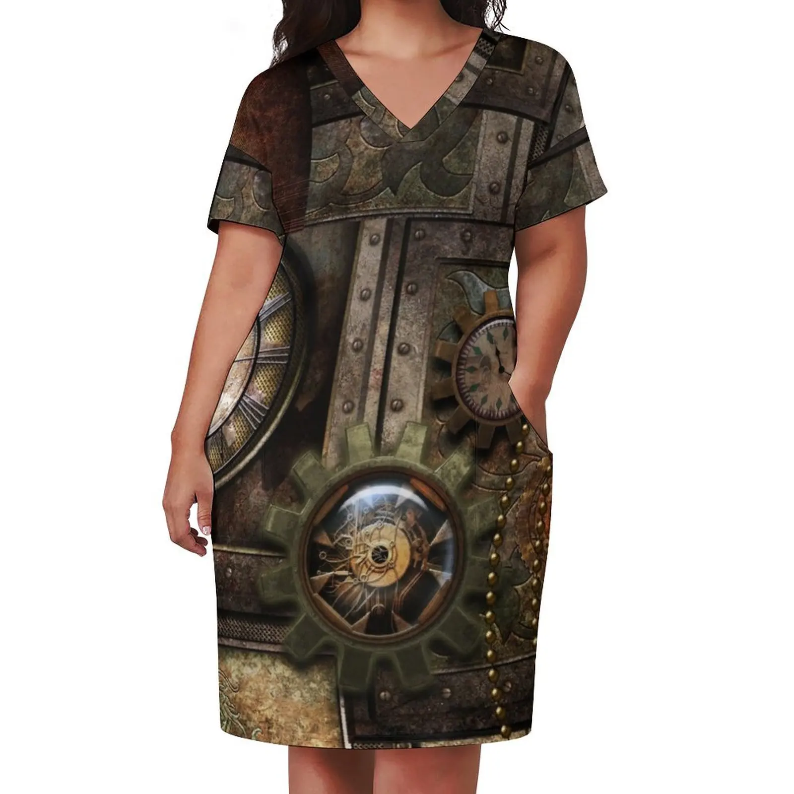 Steampunk, wonderful clockwork with gears Loose Pocket Dress prom clothes Dress vintage long sleeve dresses