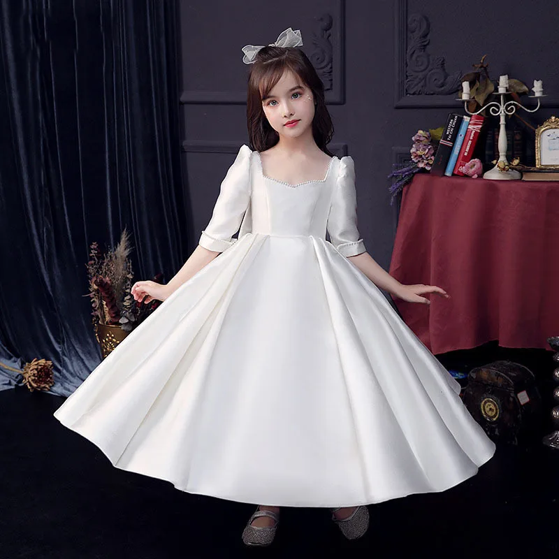 Little Girls Elegant Princess Dress Square Neck Beads Flower Girls Wedding Bridesmaid White Solid Color Gown Dresses 10 12 Years