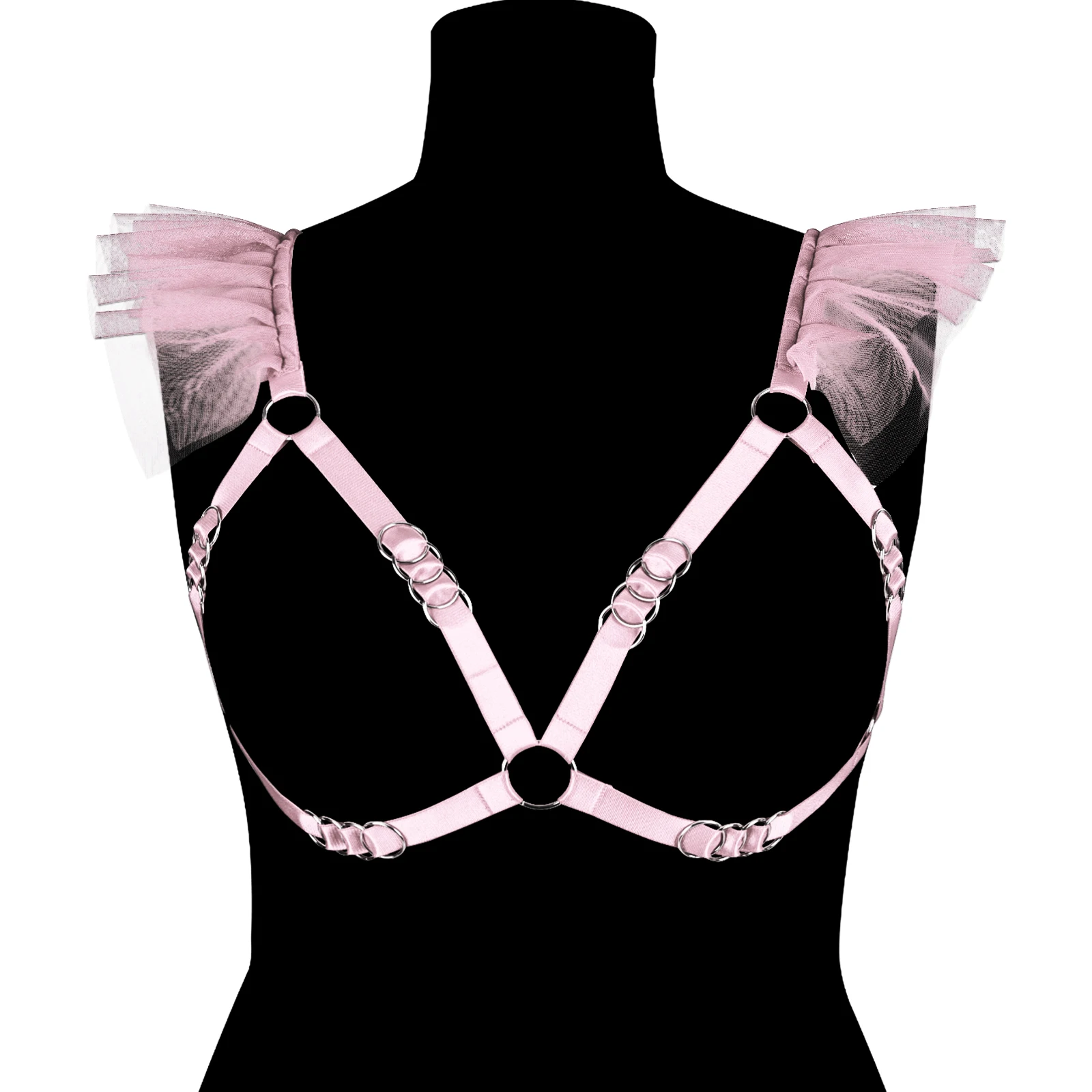 

Women Fetish Harness Pink Mesh Body Cage Bondage Harness Sexy Lingerie Body Harness Belt Gothic Crop Tops Cage Bralette