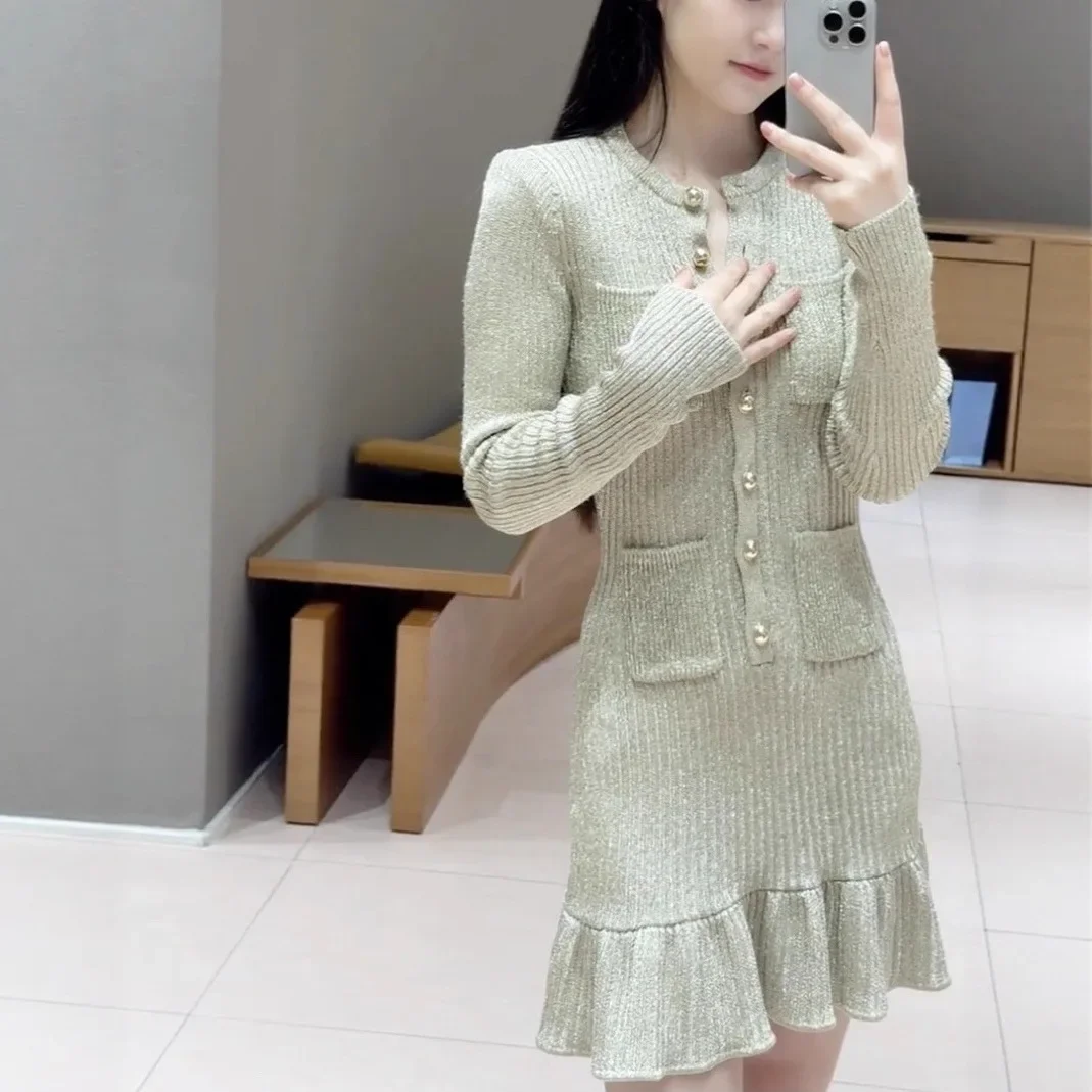 Vestido de punto con cuello redondo dorado para mujer, minivestido elegante con bolsillo en la cadera y cola de pez de manga larga