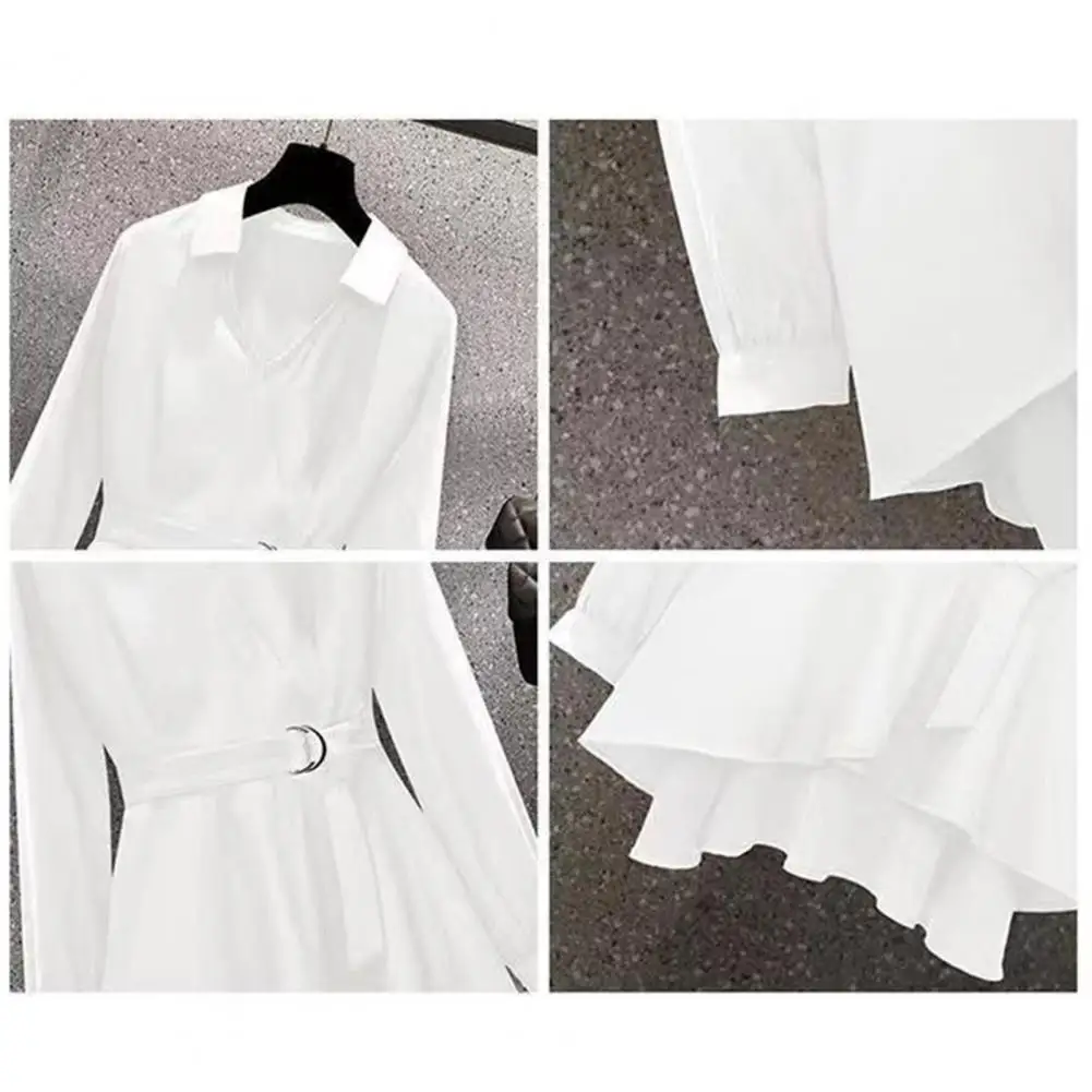 Lapel V Neck Long Sleeves Irregular Hem Plus Size Women Shirt Waist Tight Adjustable Belt Pullover Shirt Top Female Clothing