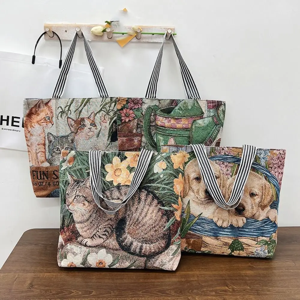 Dog Ethnic Style Handbag Large Capacity Embroidery Animal Shoulder Bag Cosmetic Bag Shoulder Bags Cute Cat Cloth Bag Shopping