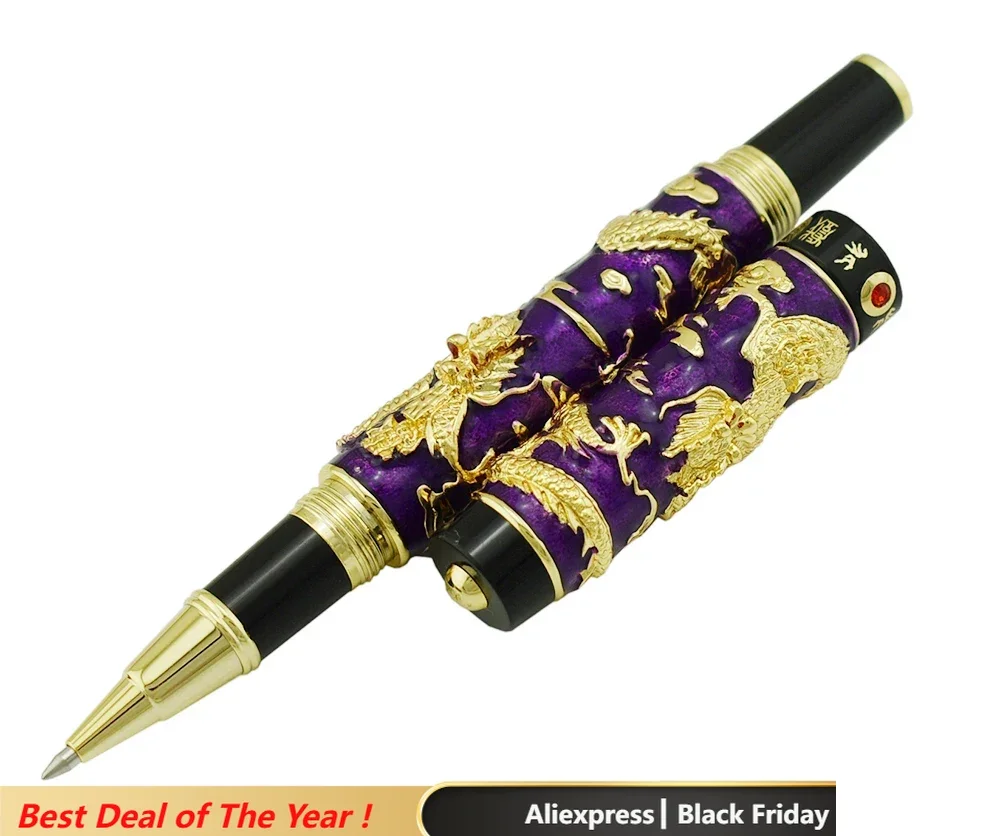 Jinhao Purple Cloisonne Double Dragon Rollerball Pen with Ink Refill Advanced Craft Writing Gift Pen for Business, Graduate