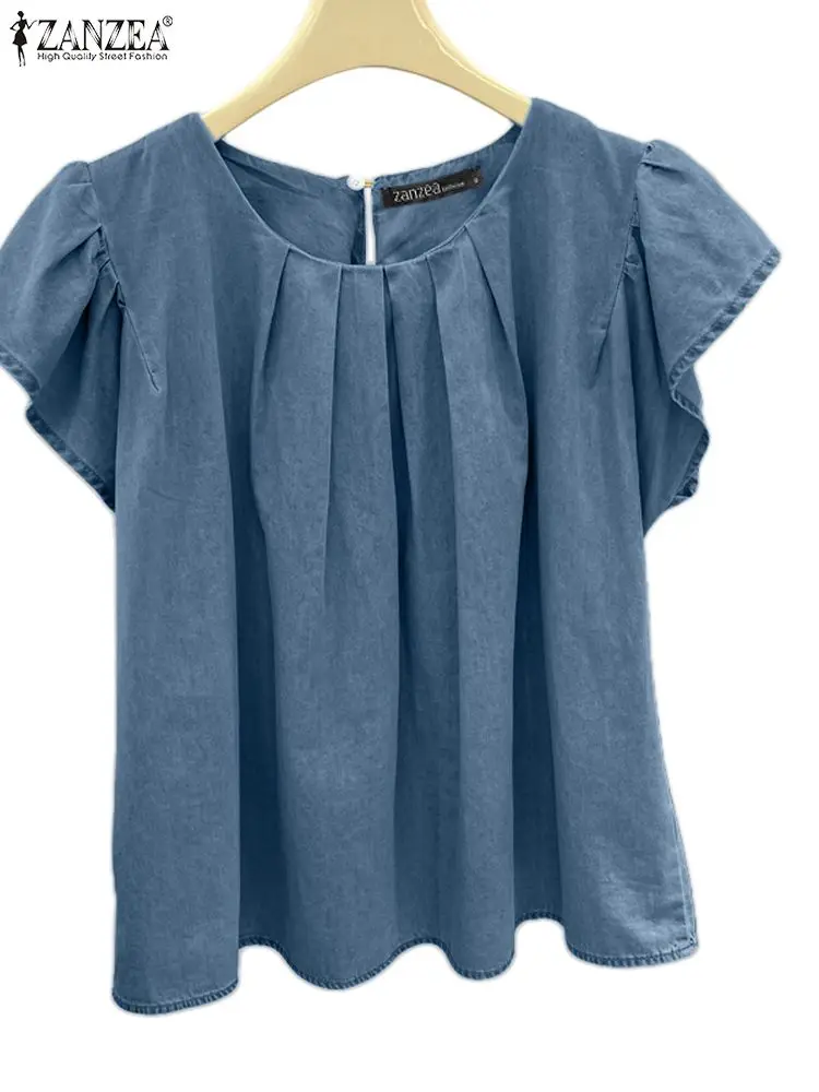 2024 ZANZEA Summer Blouse Women Short Sleeve Denim Blue Shirt Fashion Solid Loose Tops Elegant O Neck Pleated Work Blusas Tunic