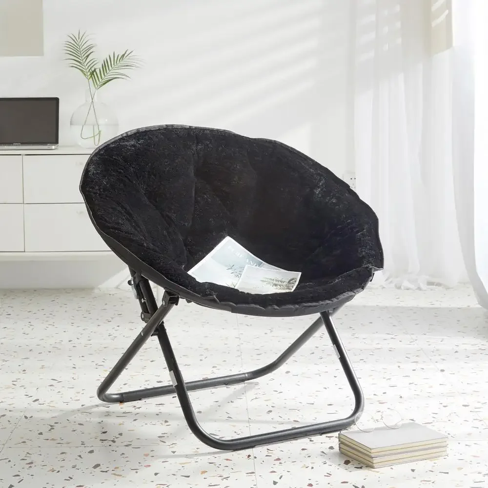 Black Faux Fur Saucer Chair Foldable Frame 225 lbs Capacity Urban Shop Plush Lounge Dorm Room Cozy Seat No Assembly 30