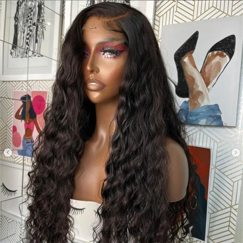 Soft 28 inch 200% Density Long Natural Black Kinky Curly Lace Front Wig For Women With Baby Hair Preplucked Glueless