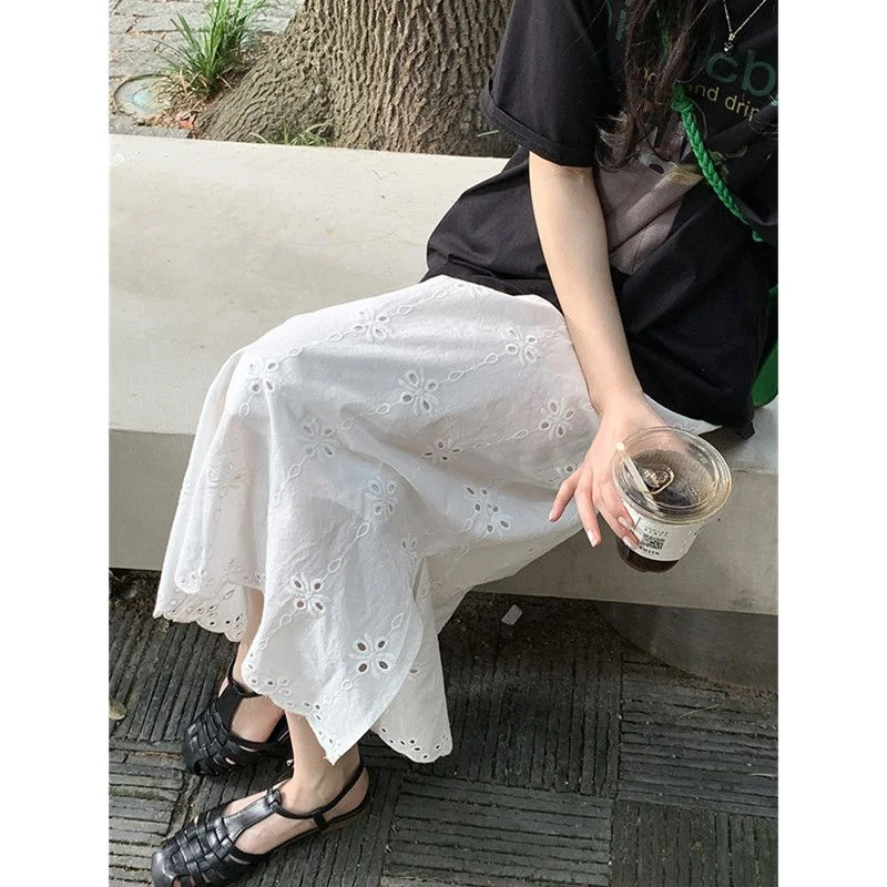 

plus Size 260 Pou Fat MM Korean Sle White Hollow out Slit f Skirt Women's Summer High Waist Faion Casual Skirt