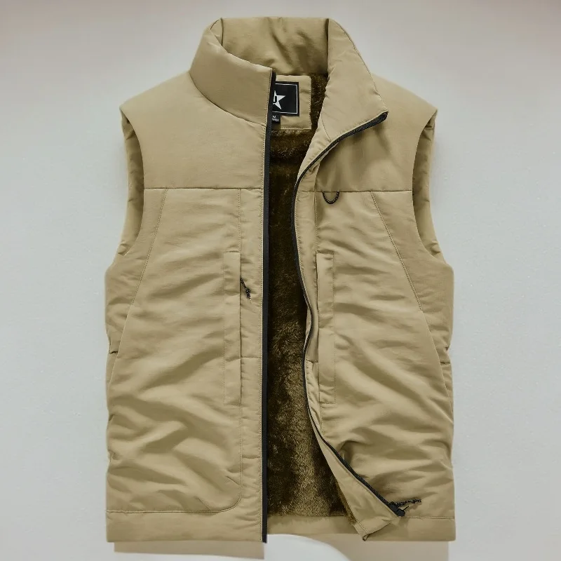 Men's Fleece Warm Vest Large Size Casual Loose Sleeveless Outdoor Use with Multiple Pockets Autumn Winter New