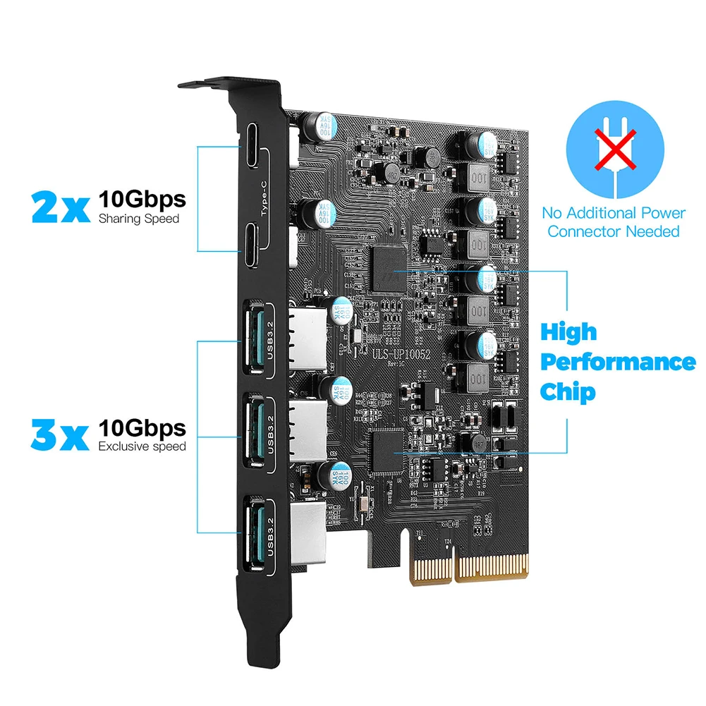 PCIe X4 To USB 3.2 Card 20Gbps Adapter USB Gen2 3x USB3.2 and 2x TPYC-C Support Windows 7/8/10 (32/64 Bit)  OS 10.8.2