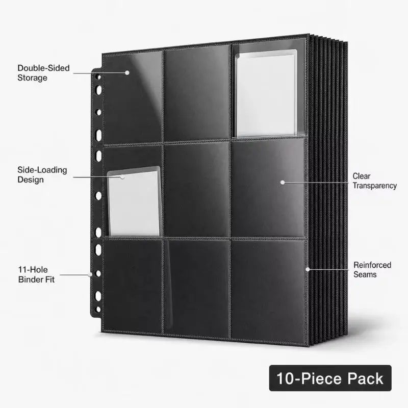 30 Stück Schwarze 9-Fach Sammelkarten-Ordnerseiten - Doppelseitige Seitenlade-Taschen für Spielkarten – Detail 6