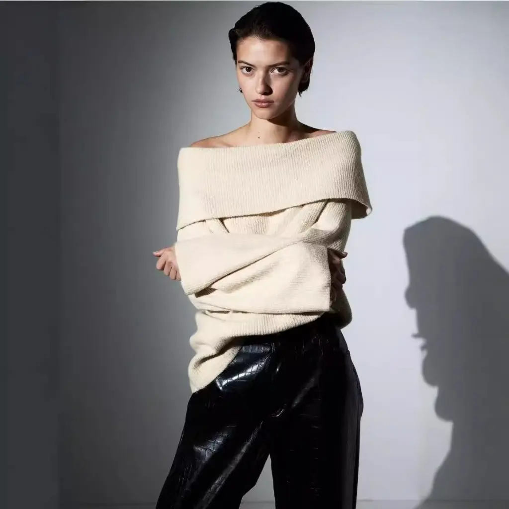 

Winter Women's Off-Shoulder Pullover Long-Sleeve Sweater Elegant Simple Knitwear European American Style