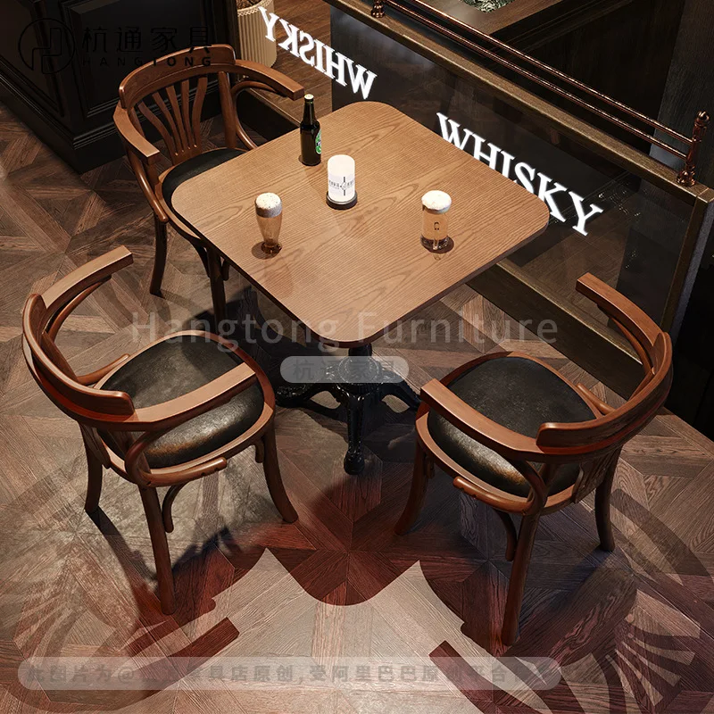 Retro Western Restaurant Bistro Table and Chair Combination Clear Bar Cafe Table Music Dining Bar Commercial Solid Wood Dining C