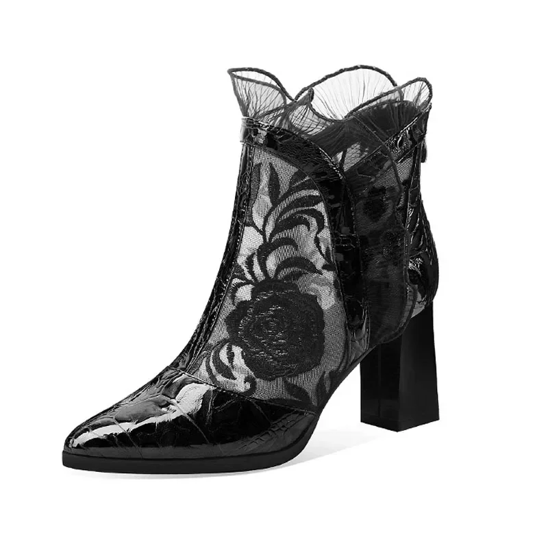 High Heels Women Sexy Embroidered Floral Mesh Thin Boots Elegant Dress Shoes Lady Heels Pointed Toe Square Heel Zip Ankle Boots view 6