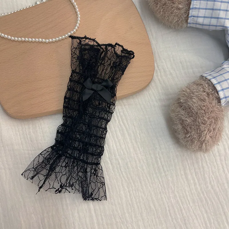 Sarung Tangan Berhias Renda Anak Perempuan Lolita Penutup Lengan Ultra Tipis Jaring Berongga Pita Sarung Tangan Aksesori Pengantin Gadis Manis Permainan Peran