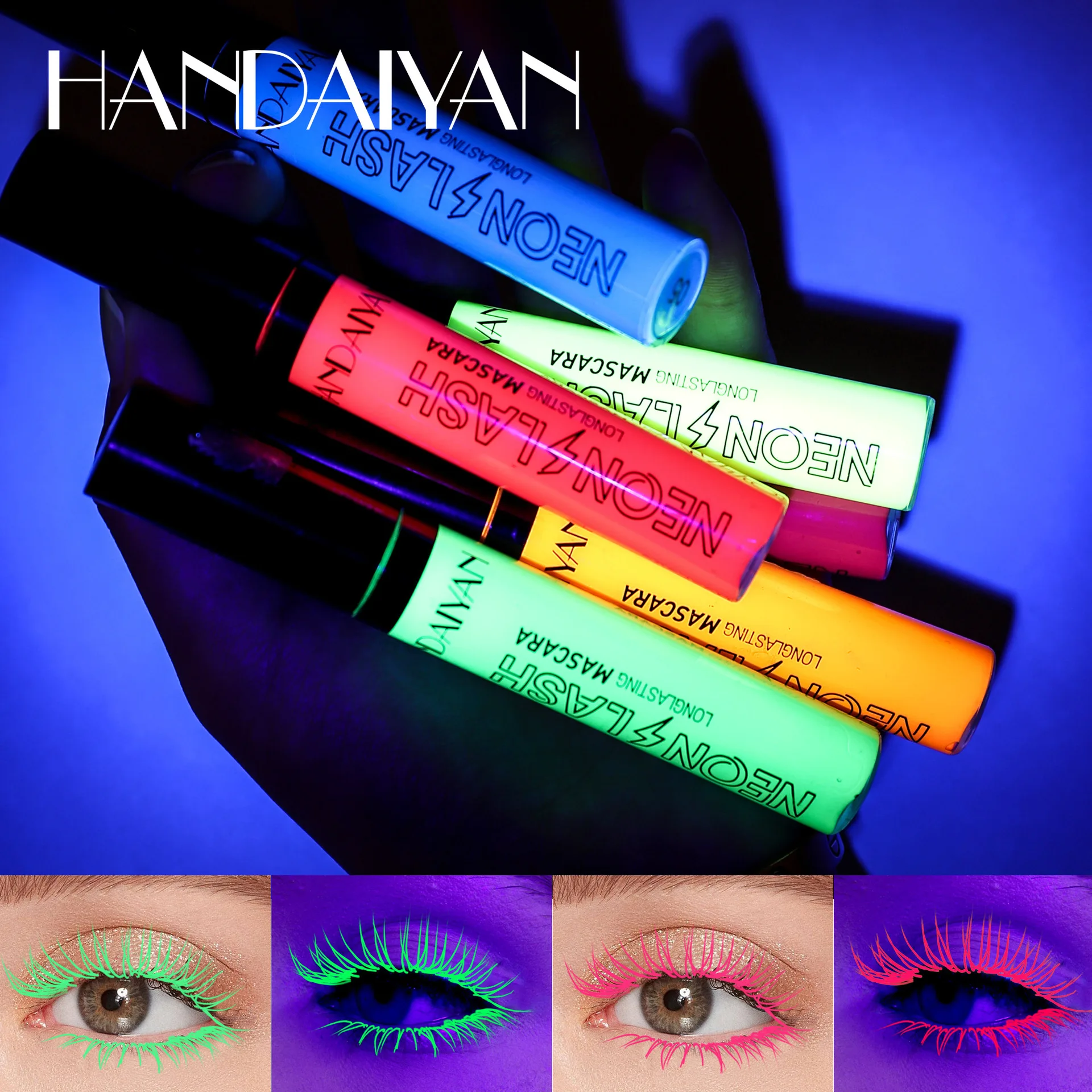 UV-Licht Neon Bunte Wimperntusche Halloween Kosmetisches Pigment Glänzendes Augen-Make-up Leuchtende Wimperntusche Schnell trocknendes Licht in dunkler Fluoreszenz