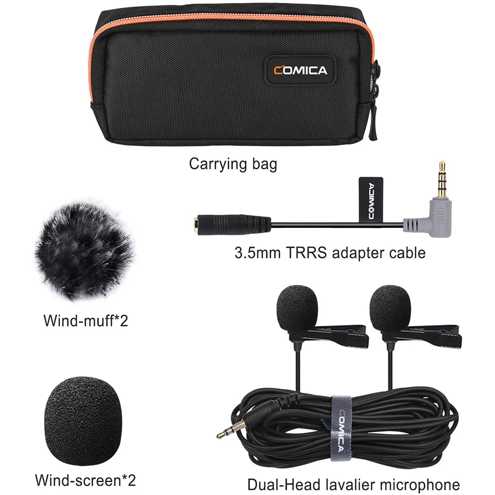 Comica-CVM-D02B Microfone Lavalier de cabeça dupla, condensador, omnidirecional, microfone para telefone, câmera, GoPro