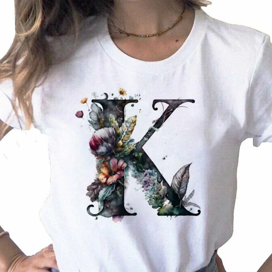 

Women T Shirt Custom Name Letter Combination Print Tshirt Flower Letter Font A B C D E F G Short Sleeve Female Tees Tops