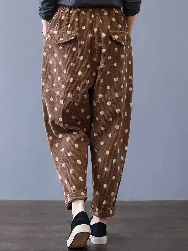 High Waist Polka Dot Print Corduroy Women's Loose plus Size Harlan Pants Stri Trousers Korean Sle Seven/Nine Points