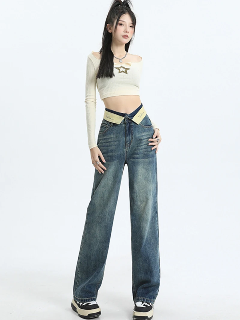 

2023 Fall Winter New High Waist Jeans Women Retro Blue Oversize Straight Cylinder Long Pants Ladies Casual Wide Leg Pants Woman