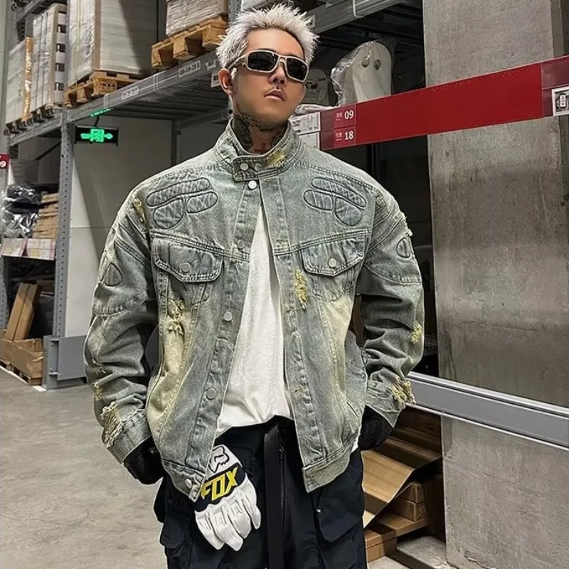 

Retro Men Coats Distressed Stand Collar Long Sleeves Loose Casual Bomber Coat Biker Moto Outdoors Street Tops Youth Denim Jacket
