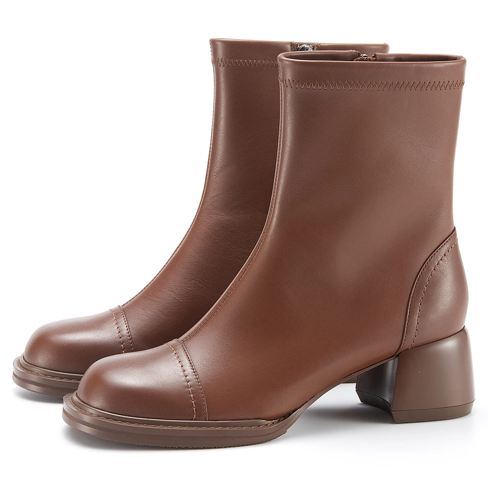 Hand gefertigte Kalbsleder Damen Chelsea Chunky Mid-Heel Stiefel Mode Plattform Slip auf Seite Reiß verschluss Knöchel & Bootie