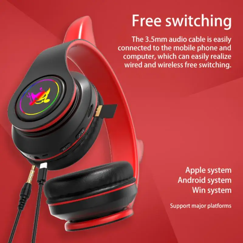 Devil Headphone with Mic for Kids Child Cute Stereo Bass Music FM Wireless Headset Gamer Support TF Card Boy Girl Gift