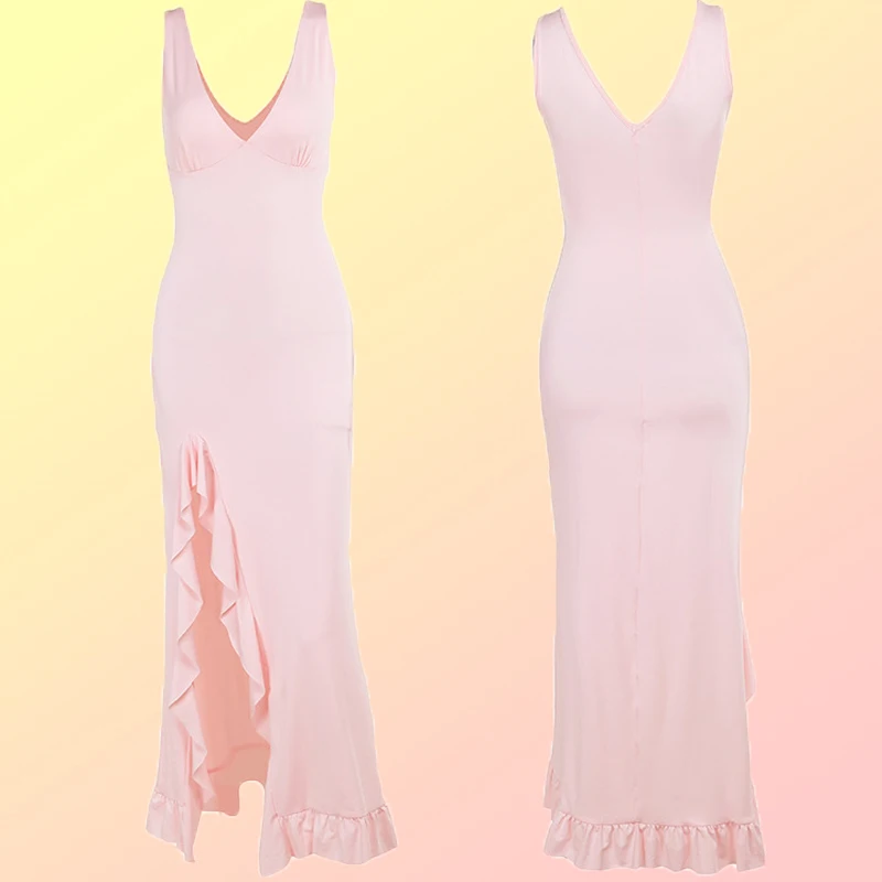

Simple high-end dress solid color slim sexy fishtail skirt with deep V-slit design simple and stylish high-end.