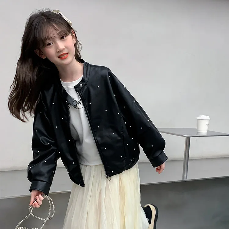 

Girls' outerwear Spring and Autumn 2025 New Style Western Children's Autumn Fashion Leather Jacket Little Girls' Autumn Top