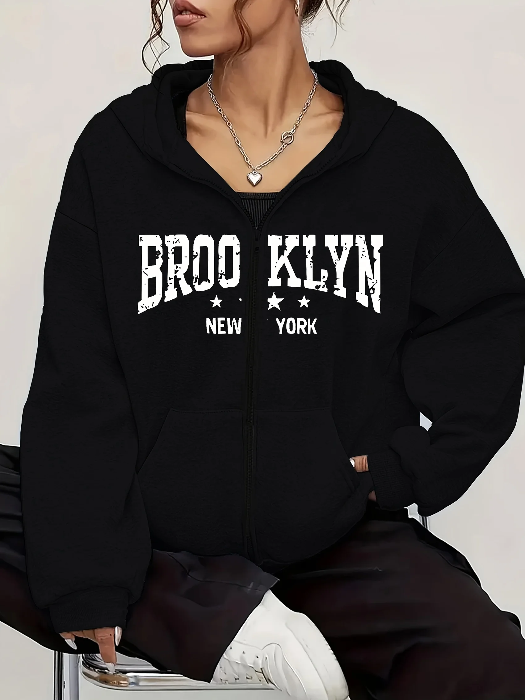 Women Brooklyn New York Letter Pattern Sweatshirt Women's Zipper Hoodies Fleece Jacket Hoody Sweatshirt Pullover Coat All-Season