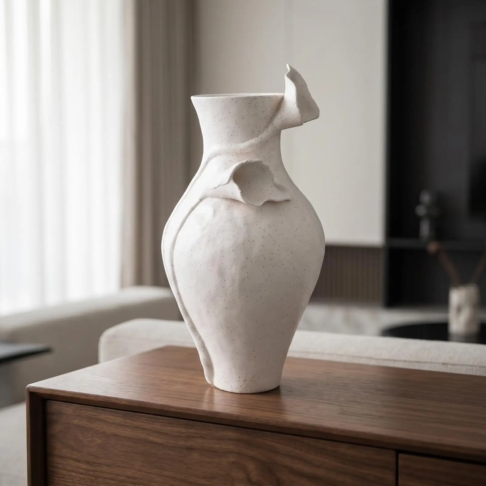 Speckled Matte Ceramic Vase with Hand Formed Leaf Accent for Rustic Industrial Home Styling