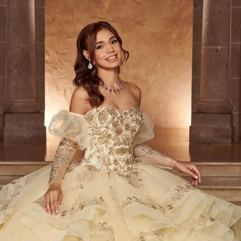 Customized Champagne Quinceanera Dress Ball Gown Long Sleeve Gold Lace Appliques Sweet 16 Dress Vestidos De XV Anos YQD373