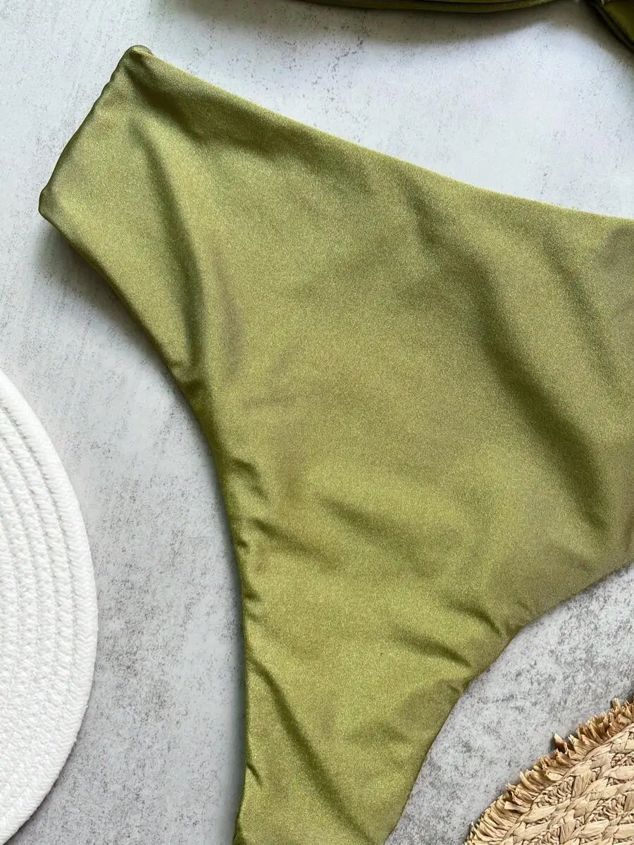 

Olive Green Solid High-Waisted Bikini Set With Tied Front And Shiny Metal Embellishments For Summer Beach Wear
