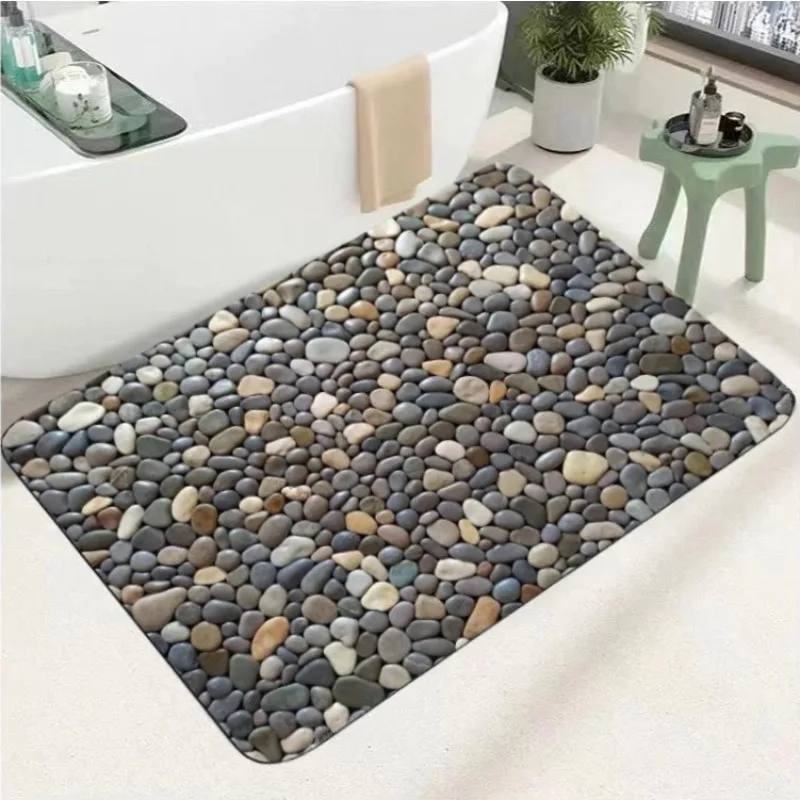 Non-Slip Pebble Stone Bathroom Rugs Diatom Mud Carpet Washable Cobblestone Pattern Bath Mat Small Rubber Backed Floor Mat