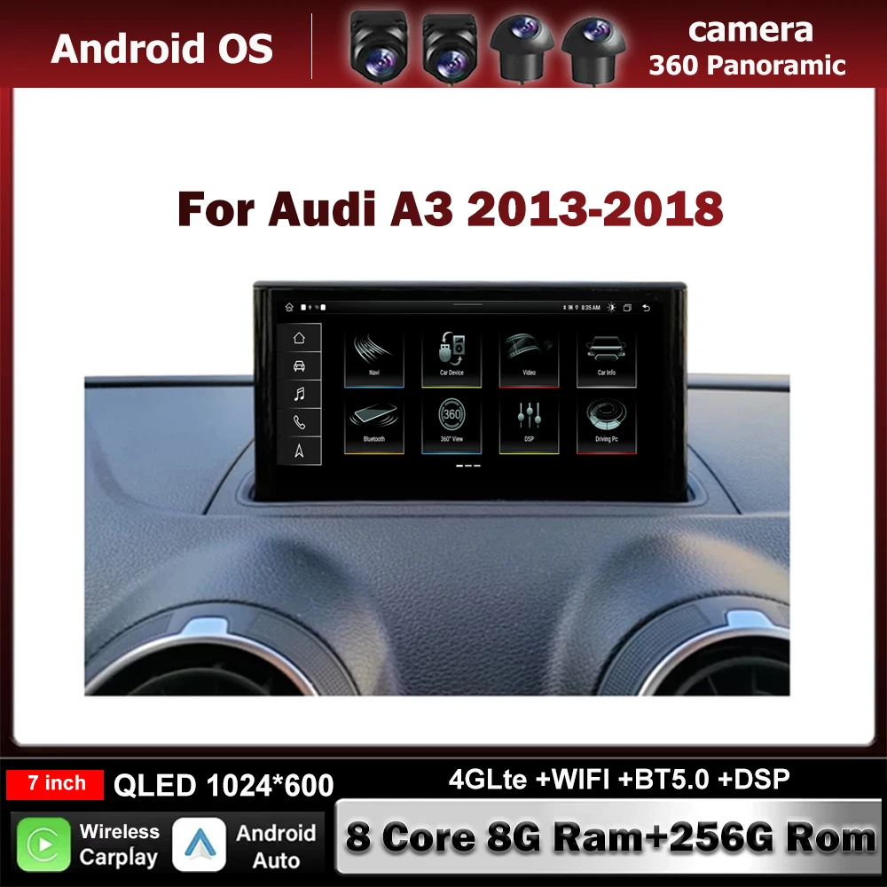 7 Inch For Audi A3 2013-2018 Android Auto QLED Screen Car Accessories Auto Carplay Monitors Multimedi Audio Video Radio Player