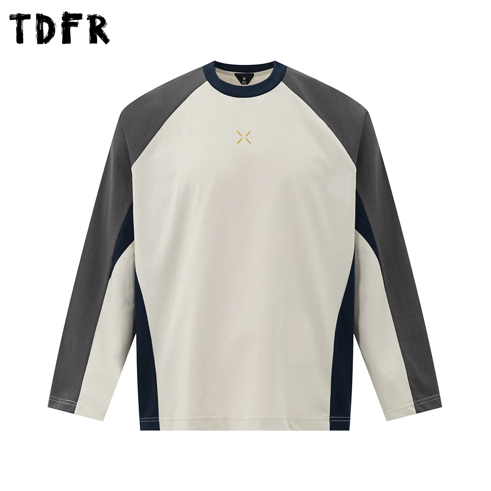 

Contrast Paneled Long Sleeve T-shirt Mens Embroidery Autumn Winter Casual Loose Crew Neck Raglan Sleeve Tee Man