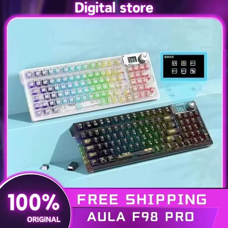 Aula F98 Pro Mechanical Keyboard With Screen 3 Mode Wireless Keyboard RGB Backlit Transparent Gasket GDA Keycaps Gamer Keyboards