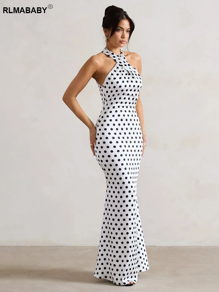 RLMABABY Elegante Polka Dot Backless Vrouwen Bodycon Maxi Jurk Sexy Halter Uitgesneden Mouwloze Party Hotti Meisje Lange Slanke Jurk