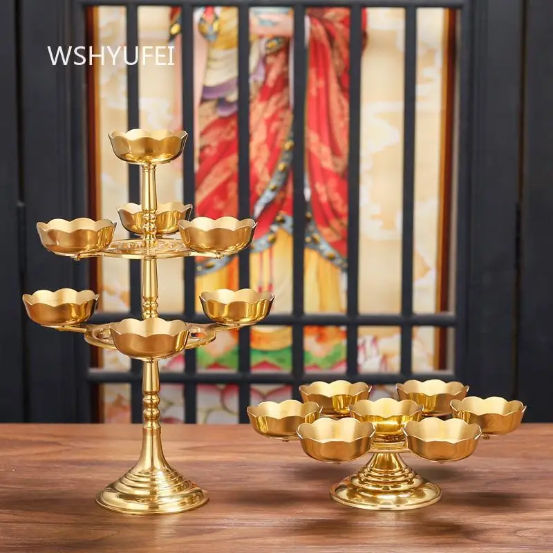 Tibetan Style Copper 7 Star Lotus Lamp Holder Multi Wick Oil Lamp Stand Candle Holders for Buddhist Altar and Home Decor