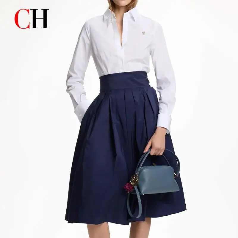 CH Womens Button Down Shirt Long Sleeve Casual Blouse Office Wear Business Tops Elegant Solid White Shirts New Arrival